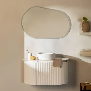 Carsone Zwevend Badkamermeubelset 90x50 Cm Van Hout Wit & Zonder Extra Eenheid & Rond Keramiek Wit Ø40 Cm Lenka & Ovaal Led En Anticondens 100x80 -