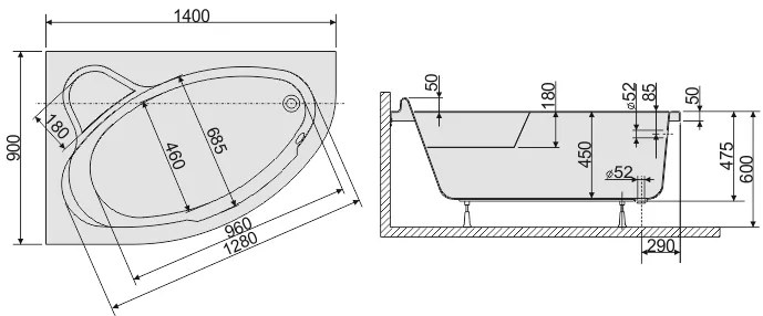 Plazan Ekoplus hoekbad 140x90cm wit rechts inclusief potenset