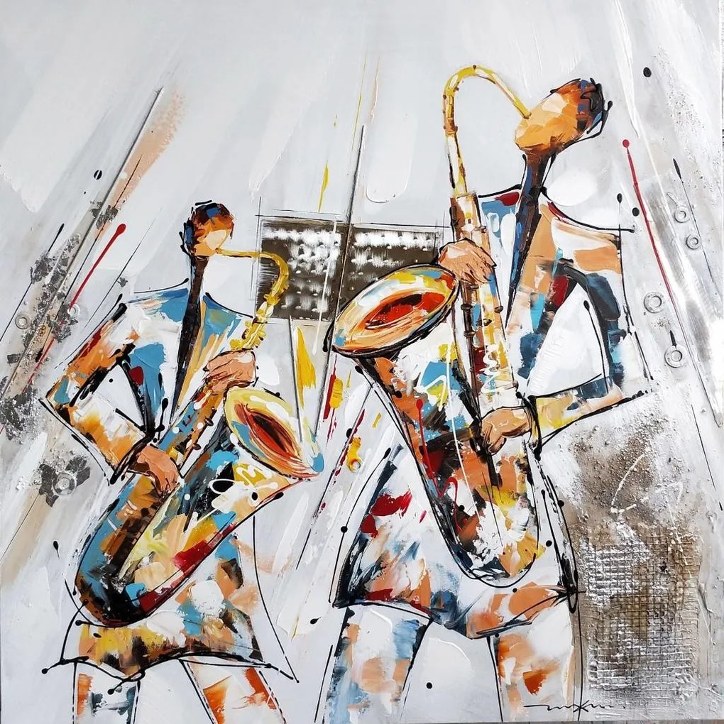 Schilderij -Handgeschilderd - Saxofonisten - multikleur -  100x100cm