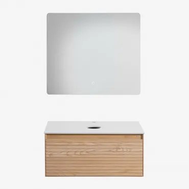 Tedrik Zwevend Badkamermeubelset 80x50 Cm In Essenhout Ash Brown & Without Sink & Rechthoekige Led En Anticondens 80x70 Cm Riben & Zonder Kraan -