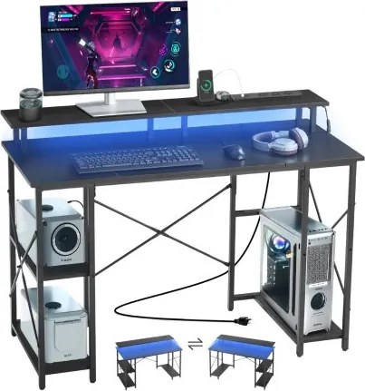 VEVOR Computerbureau, kantoortafel, bureau met slimme LED-verlichting en stopcontacten, werktafel met monitorstandaard en opbergplanken met 2 niveaus, studeerkamer, woonkamer, thuiskantoor, zwart
