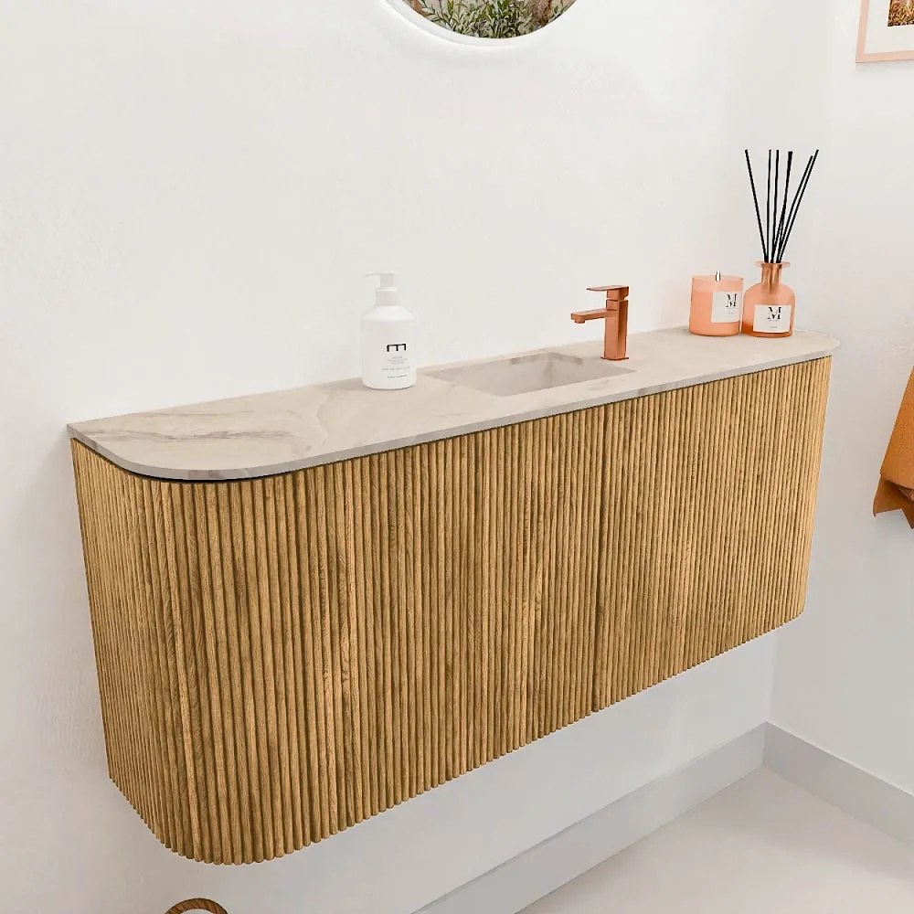 Mondiaz Joya DLux 105cm toiletmeubel ronding links/rechts oak met wastafel faye midden 1 kraangat frappe