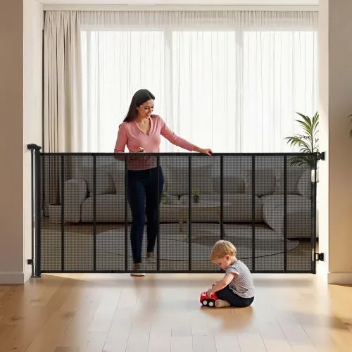 VEVOR Intrekbaar babyhekje, hondenhekje, uitschuifbaar tot 515 cm breed / 99 cm hoog, huisdierhekje met versterkte glasvezelstrips, gaasbeschermingshekje voor patio's, deuren en garages