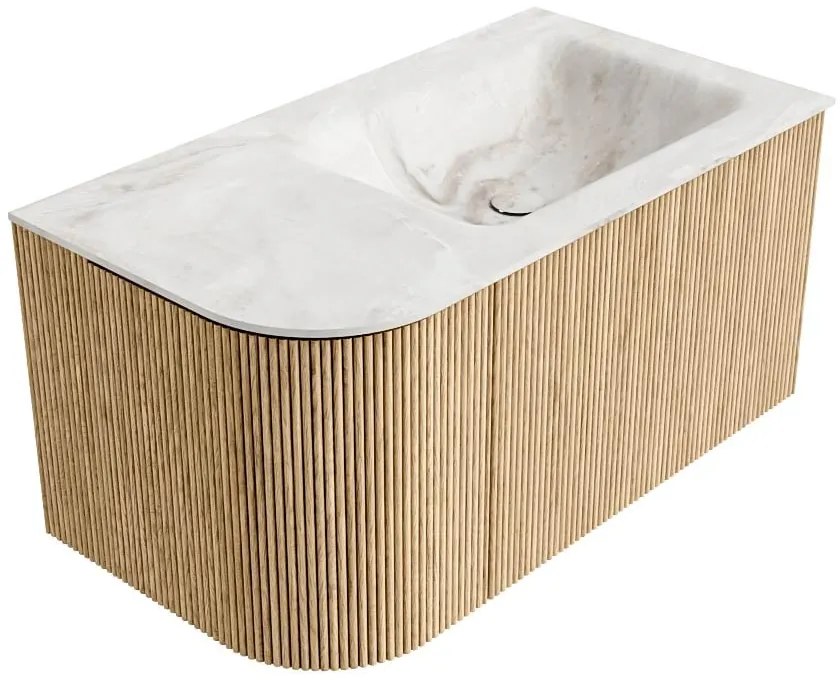 Mondiaz Kurve-dlux 85cm badmeubel ronding links oak met 1 lade en deur en wastafel cloud rechts zonder kraangat frappe