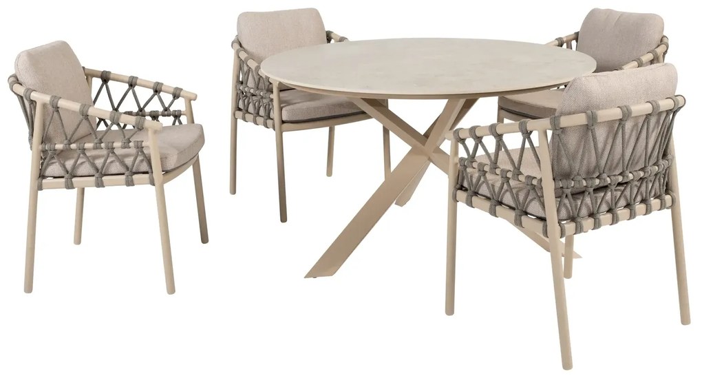 Taste by 4 Seasons Piacenza tuinset latte met Prado tafel met keramisch blad Ø 130 cm Tuinset beige weerbestendig