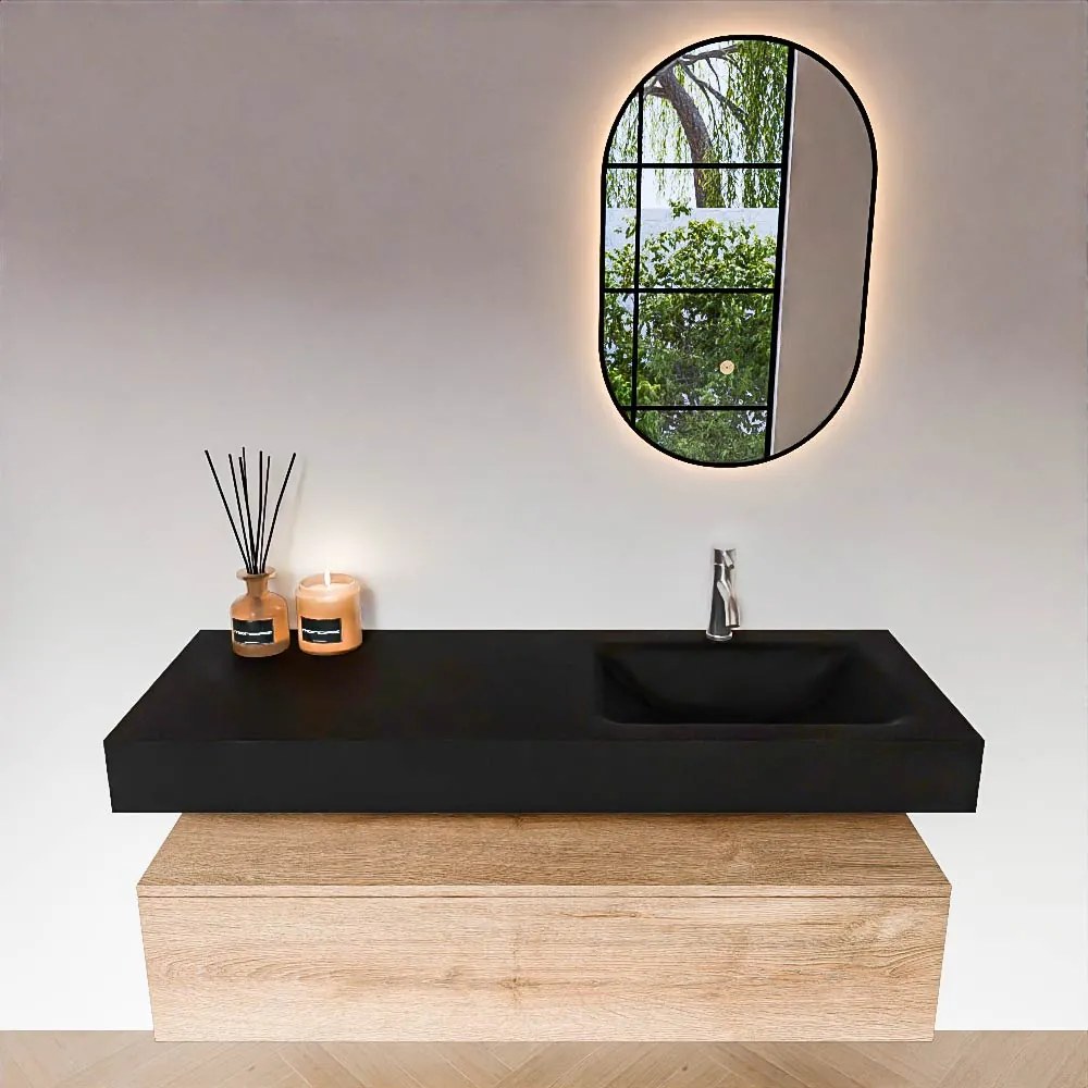 Zaro Alan badmeubel 130cm washed oak 1 lade met vrijhangende wastafel cloud rechts 1 kraangat urban