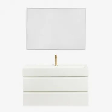 Badkamermeubelset Van Hout En Essenhoutfineer Met Geïntegreerde Wastafel Ona Wit & Rechthoekige Led En Anticondens 100x70 Cm Tamsin & Goud - Sklum