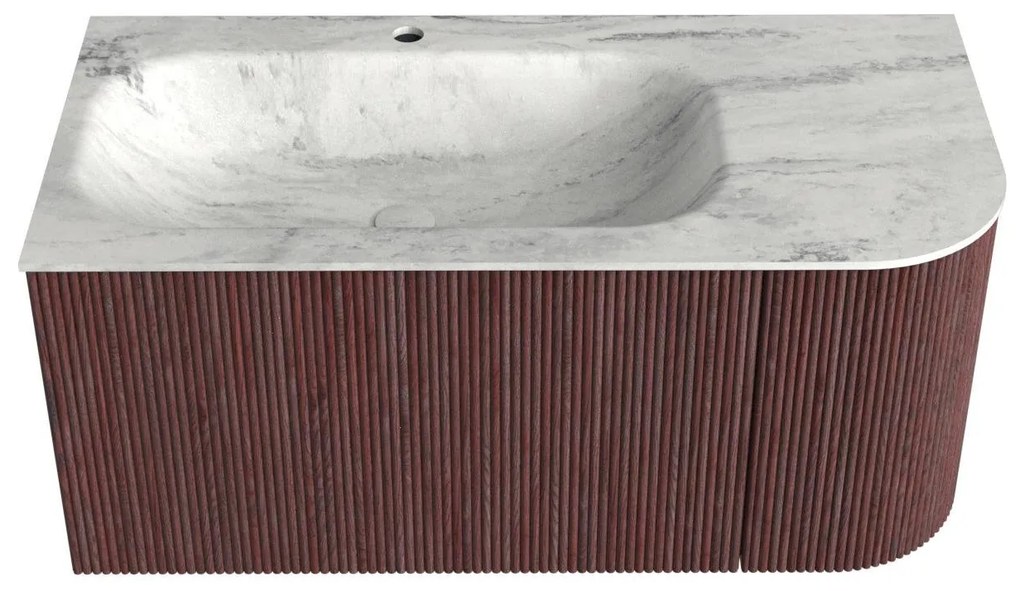 Mondiaz Kurve-dlux 95cm badmeubel ronding rechts ruby met 1 lade en deur en wastafel big small kraangat links opalo