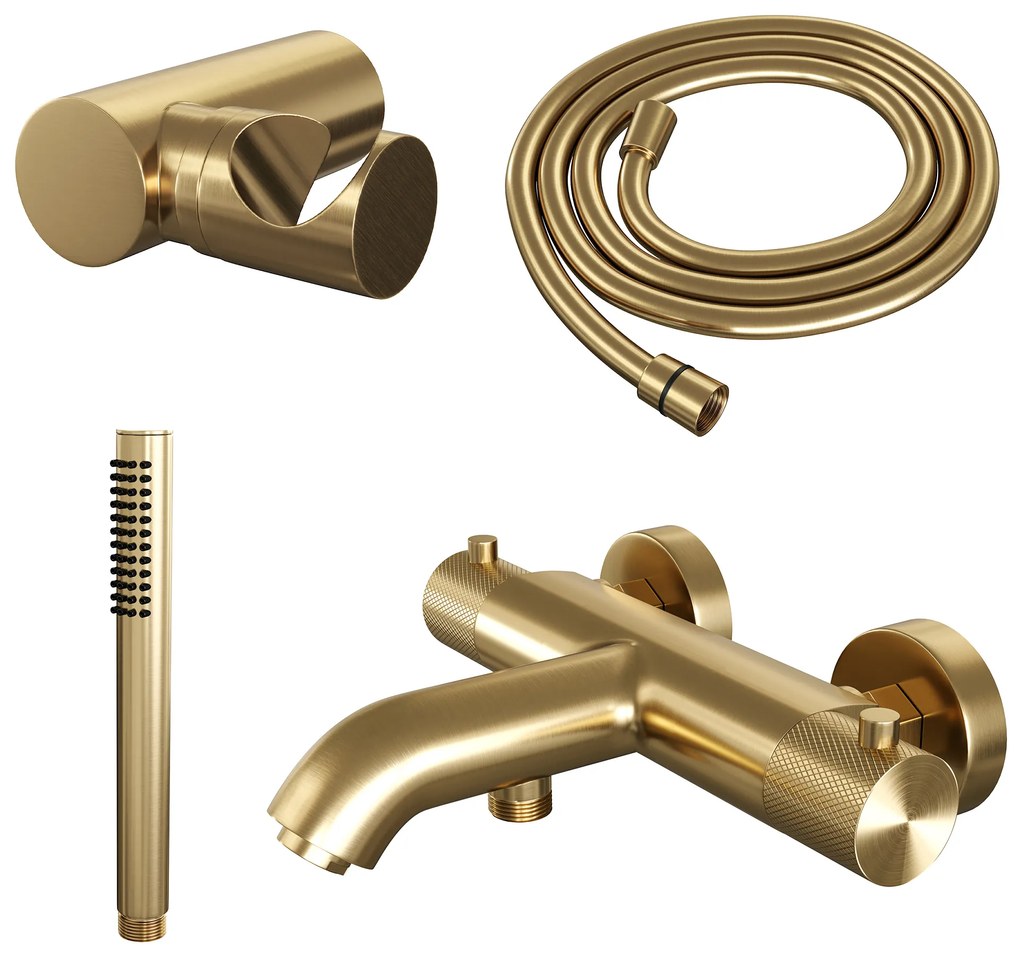 Brauer Gold Carving thermostatische badkraan met wandhouder en staafhanddouche geborsteld messing PVD