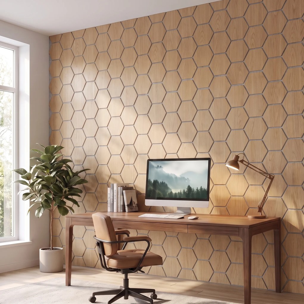 Hexagon Panel Naturel Eiken met Grijs Vilt 81CM | Akoestisch | Wanddecor | Zeshoekig- Grijs vilt