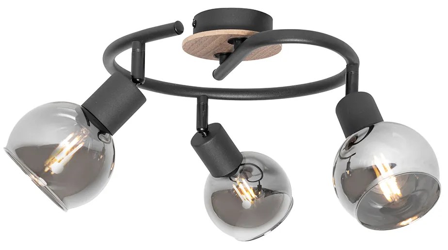 Plafondlamp zwart 44,5 cm met smoke glas en hout 3-lichts - Vidro