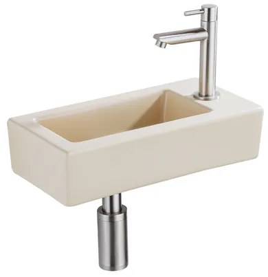 QeramiQ Fuente Fonteinset - 37.5x18.5x9cm - keramiek - kraangat rechts - fonteinkraan geborsteld RVS - afvoerplug - verlaagd sifon - Mat Beige SW1122448/SW696207/SW696217/SW696237