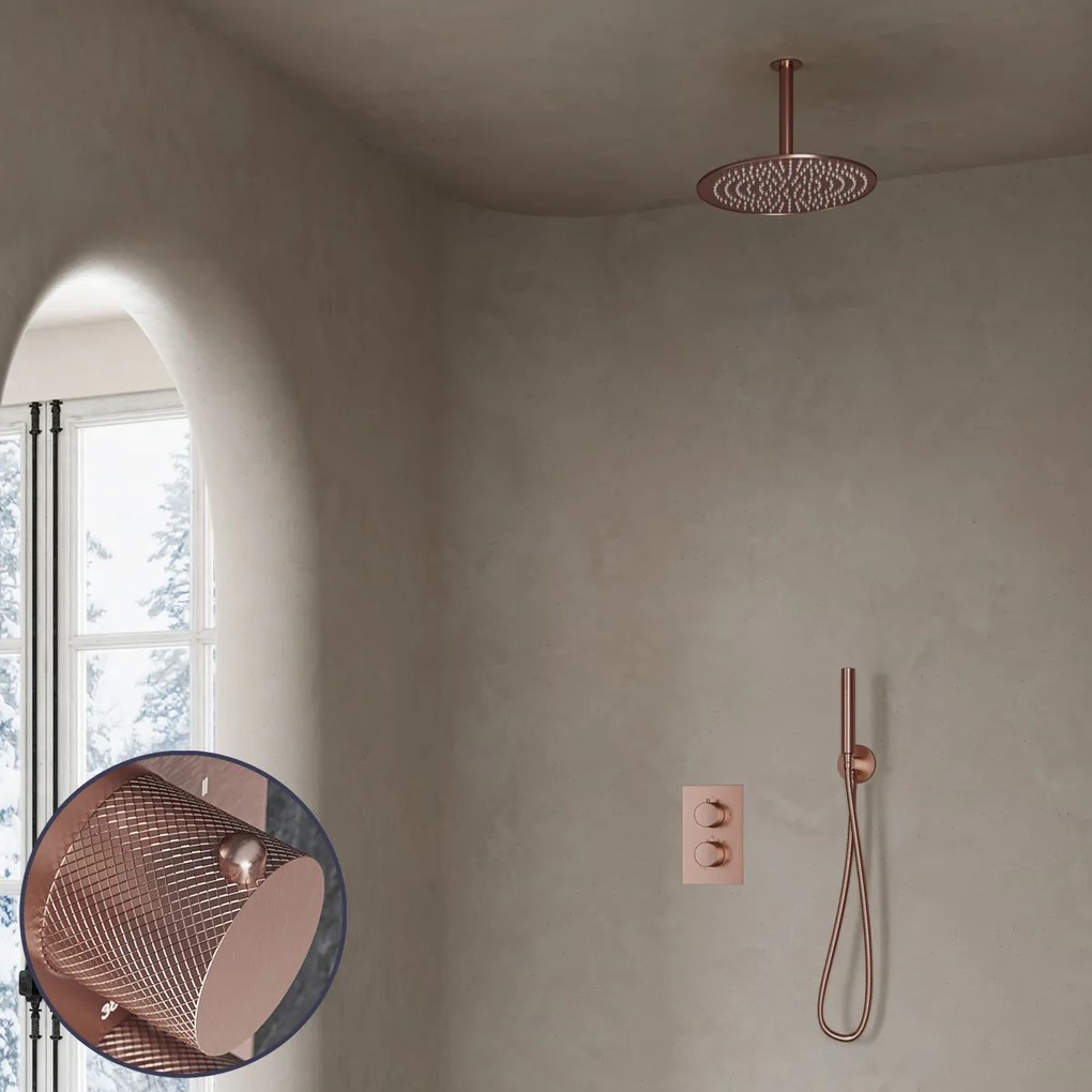 Saniclear Copper Curved inbouw regendouche met 30cm hoofddouche en plafondarm geborsteld koper