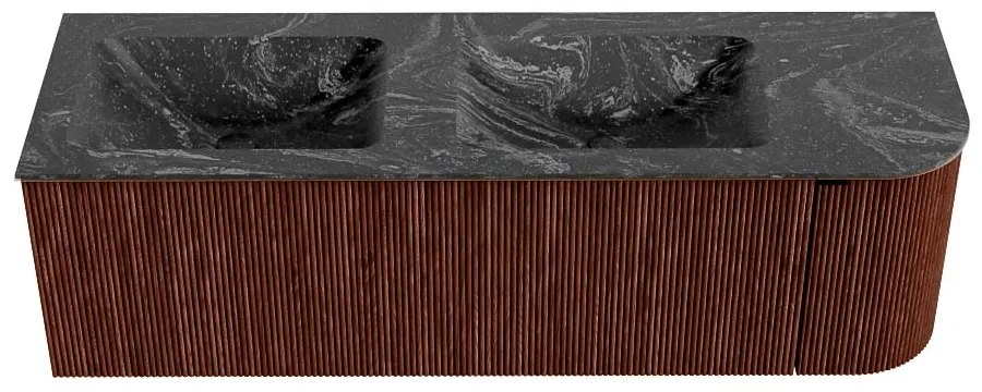 Mondiaz Kurve-dlux 145cm badmeubel ronding rechts ruby met 1 lade en deur en wastafel leaf dubbel/links 2 kraangaten lava