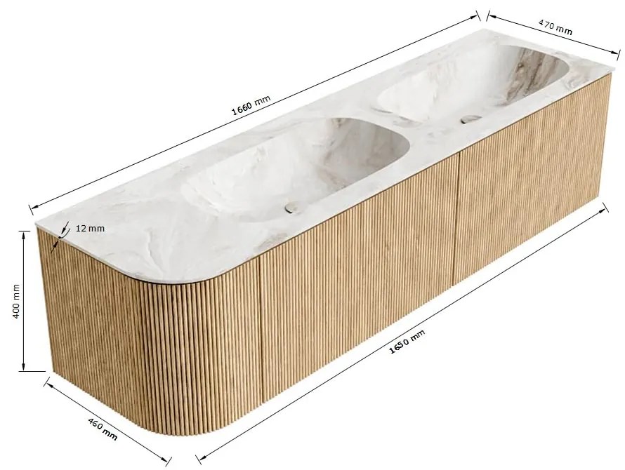 Mondiaz Kurve-dlux 165cm badmeubel ronding links oak met 2 lades en 1 deur en wastafel stor small dubbel/rechts zonder kraangat glace