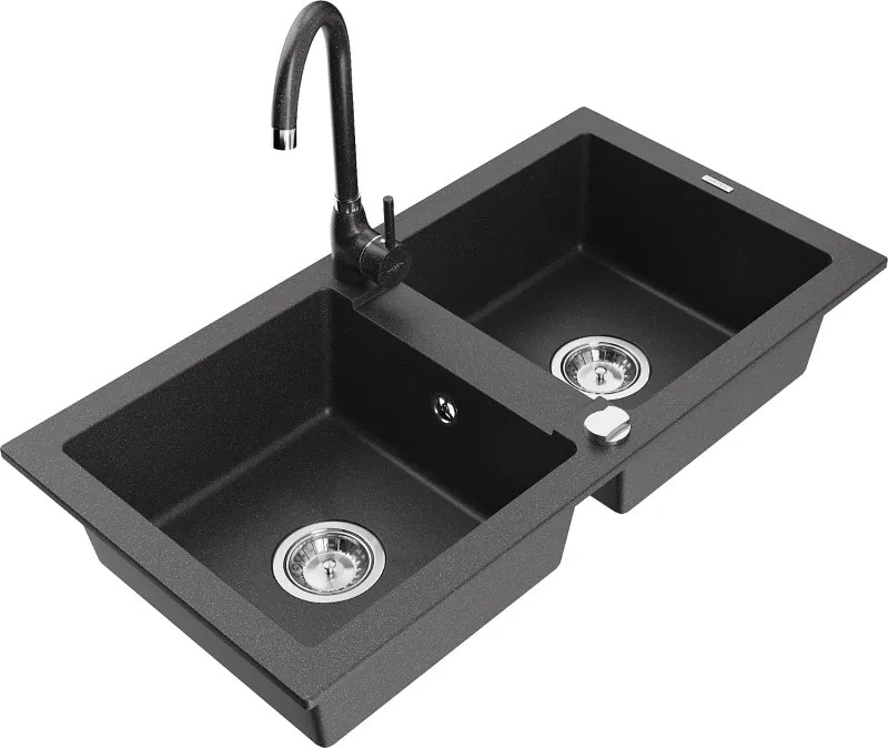 Mexen Mario granieten gootsteen 2-kamer met keukenmengkraan Telma, zwart gespikkeld - 6504-76-670200-76