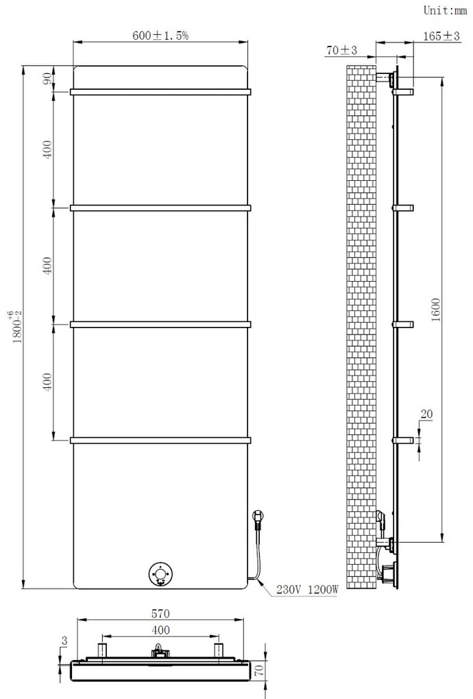 Best Design Brenner elektrische radiator mat wit 1200W 180x60cm