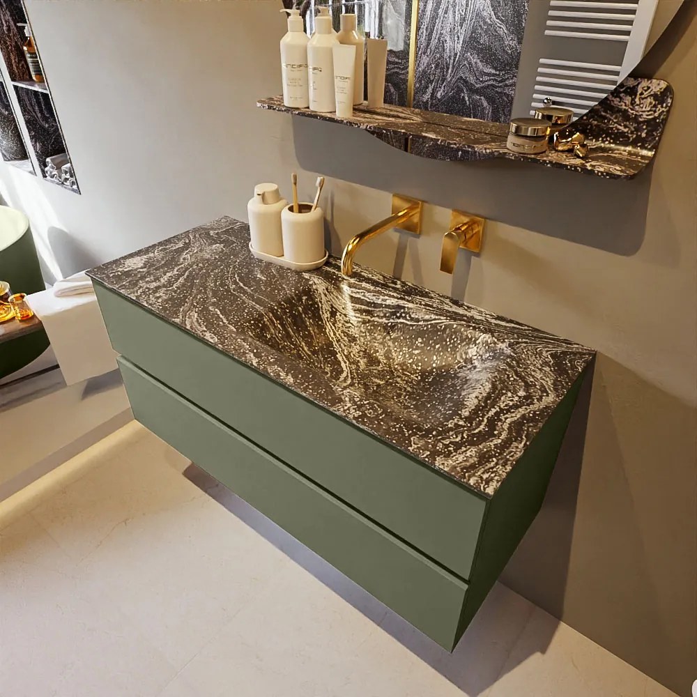 Mondiaz Vica DLux badmeubel 110cm army 2 lades met wastafel lava rechts zonder kraangat