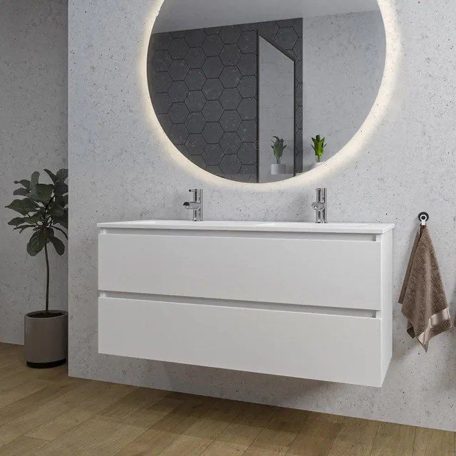 Adema Chaci Badkamermeubelset - 120x46x57cm - 2 keramische wasbakken wit - 2 kraangaten - 2 lades - ronde spiegel met verlichting - mat wit SW1212780/SW804533/SW161923