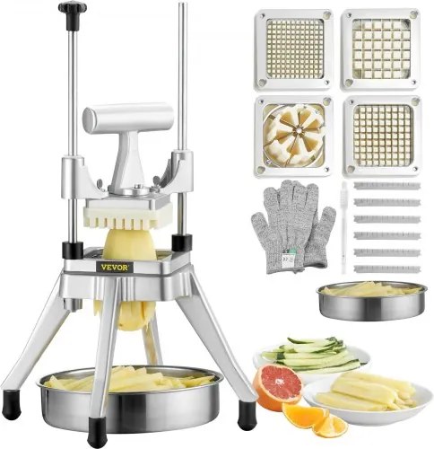 VEVOR Commerciële Aardappelsnijder, Frietsnijder 1/2 + 3/8 + 1/4 inch + 6 Partjes, Frietsnijder, Groentesnijder, Fruitsnijder met 6 Vervangende Messen, RVS Hakselaar