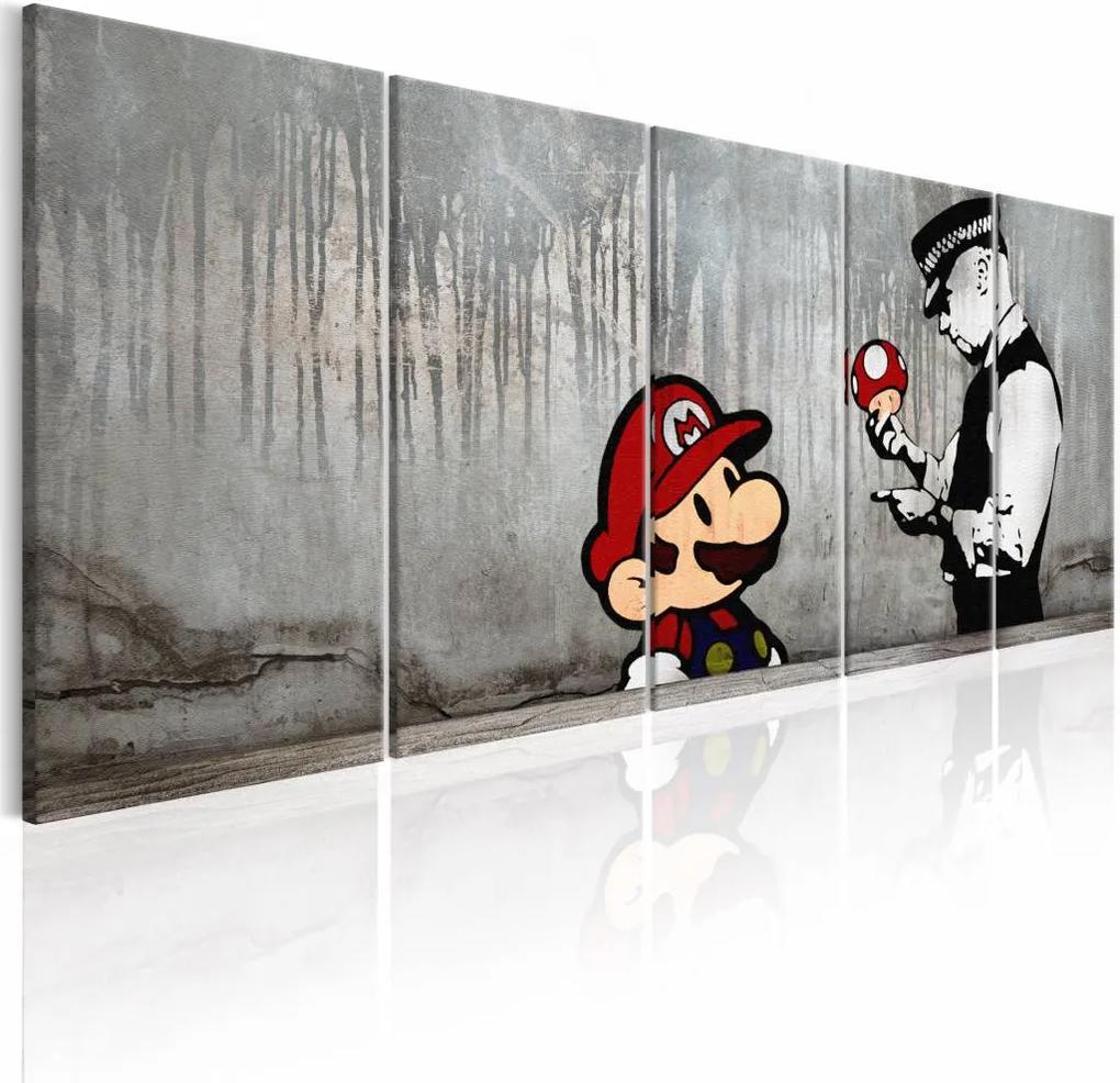 Schilderij - Mario Bros op Beton - Banksy , grijs , 5 luik   , politie