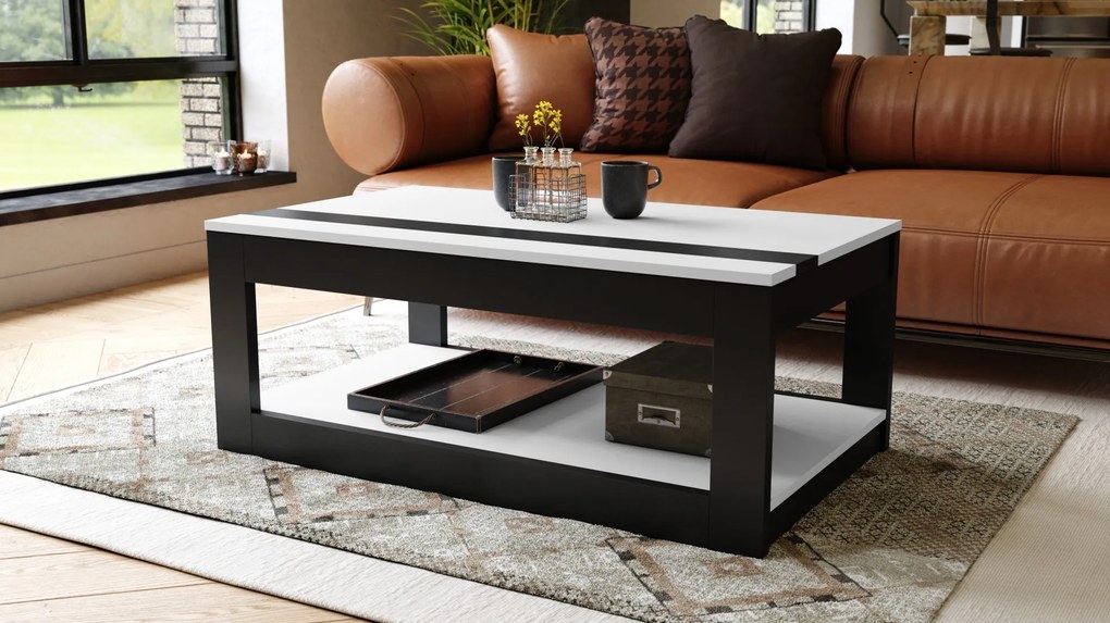 LUSSO Wit Mat/Zwart Mat - MODERNE SALONTAFEL MET VERHOOGD BLAD + OPBERGRUIMTE + SCHAP (OP WIELEN!)