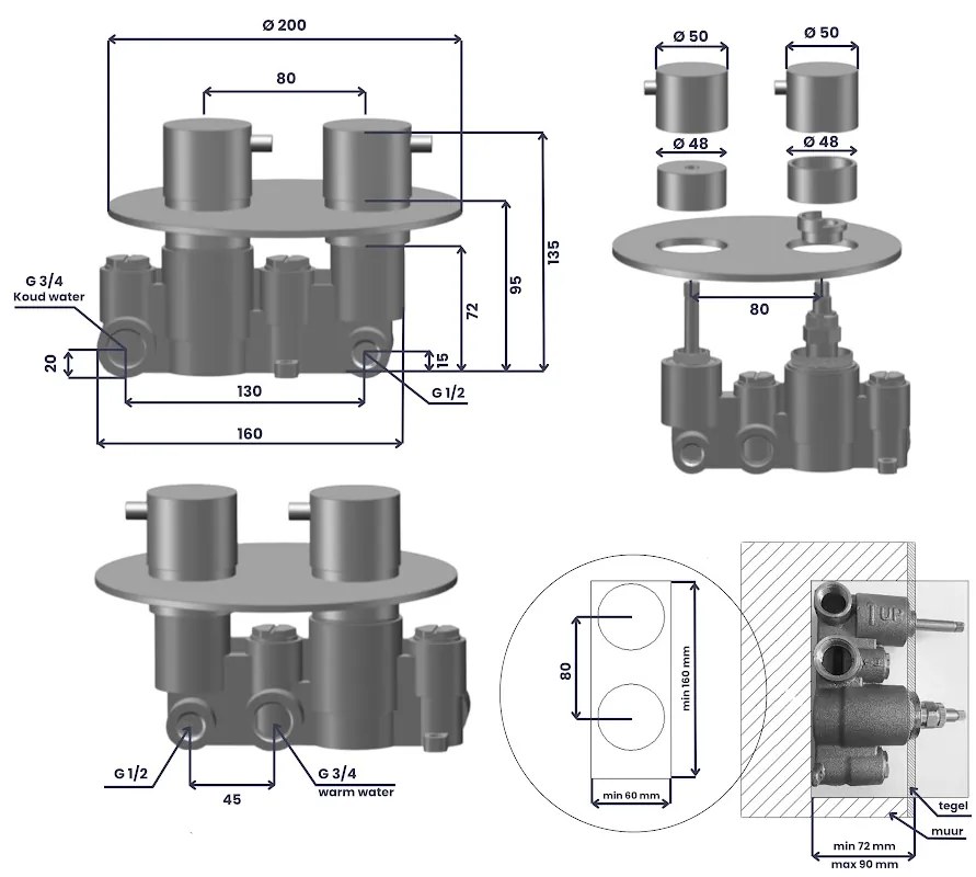 Saniclear Exclusive Curved Pro inbouw badkraan rond RVS