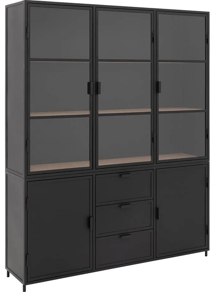 Goossens Buffetkast Metallo, 3 glasdeuren 2 dichte deuren 3 laden, blank eiken, 160 x 200 x 40 cm, urban industrieel