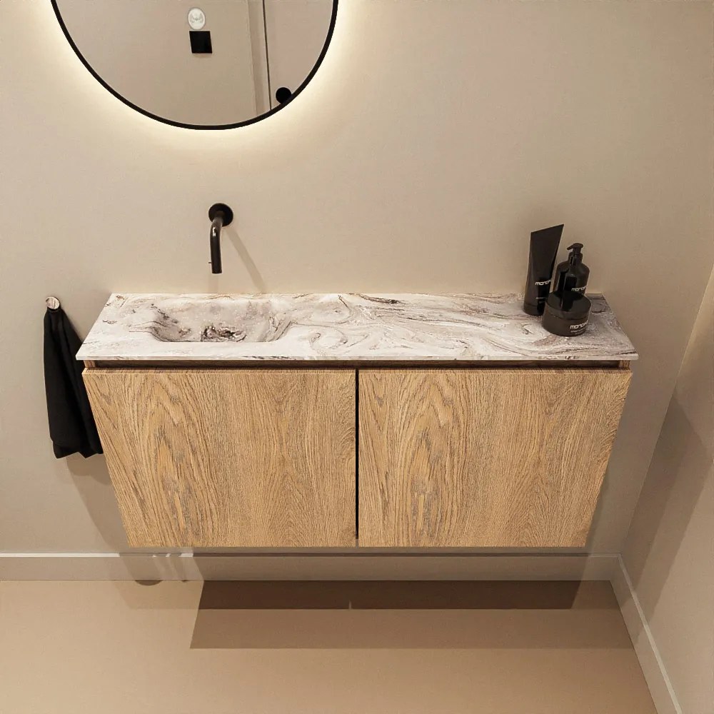 Mondiaz Ture DLux toiletmeubel 100cm washed oak met wastafel glace links zonder kraangat