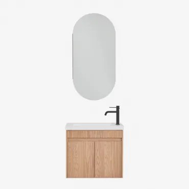 Narek Zwevend Houten Badkamermeubelset Met Geïntegreerde Wastafel Ovaal Met Opbergruimte 45x90 Cm Abner & Ash Brown & Mat Zwart ↑20 Cm Met Afvoerkraan