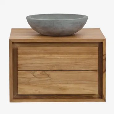 Jabari Zwevend Badkamermeubelset Van Teakhout Teakhout & Rond Grijs Cement Ø40 Cm Tarsis & Spiegelloze & Zonder Kraan - Sklum