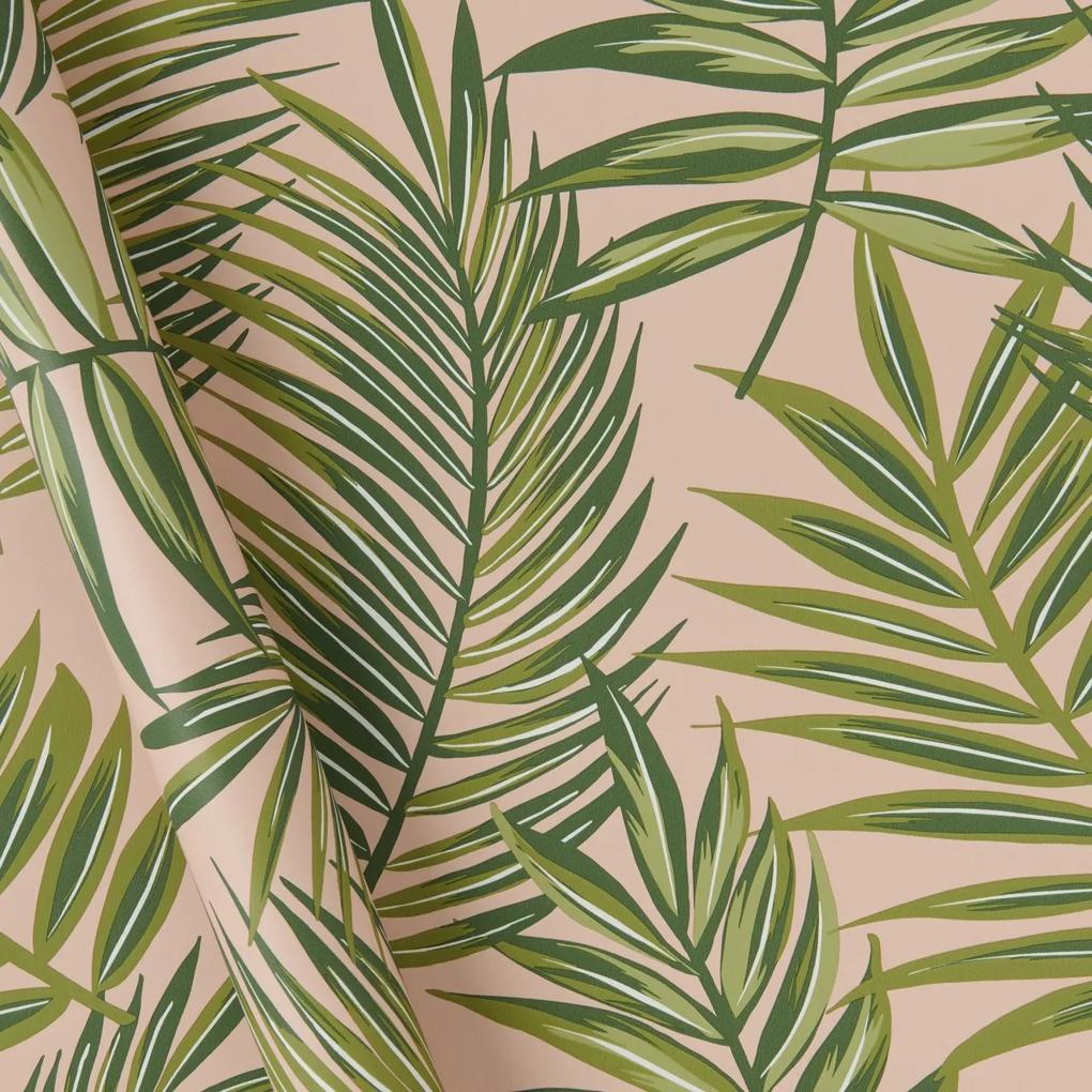 Fenna Palm behang, 10m rol, poederroze en groen