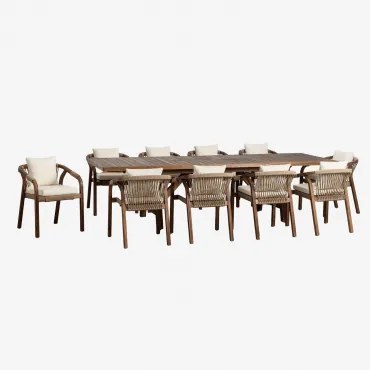 Rechthoekige Uitschuifbare Tafel 200-260-320x100 Cm En 10 Tuinstoelen Met Armleuningen Van Acaciahout Dubai Stof Gardenia Wit & Donker Acaciabruin -