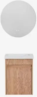 Narek Zwevend Houten Badkamermeubelset Met Geïntegreerde Wastafel Zonder Kraan & Ash Brown & ↔︎ 40 Cm & Round Led And Antifog Ø50 Cm Rib - Sklum