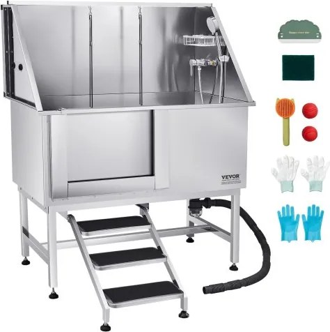 VEVOR Hondenwasstation van roestvrij staal, 1270x700x1545 mm, trimbad voor huisdieren met trap, PE-waterfilterplaat, kraan, douchekop en zeephouder, voor grote, middelgrote en kleine huisdieren (linkerdeur)