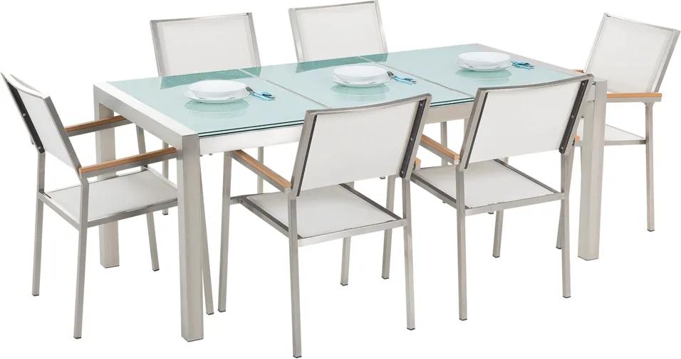 Tuinset matglas/RVS driedelig tafelblad 180 x 90 cm met 6 stoelen wit GROSSETO