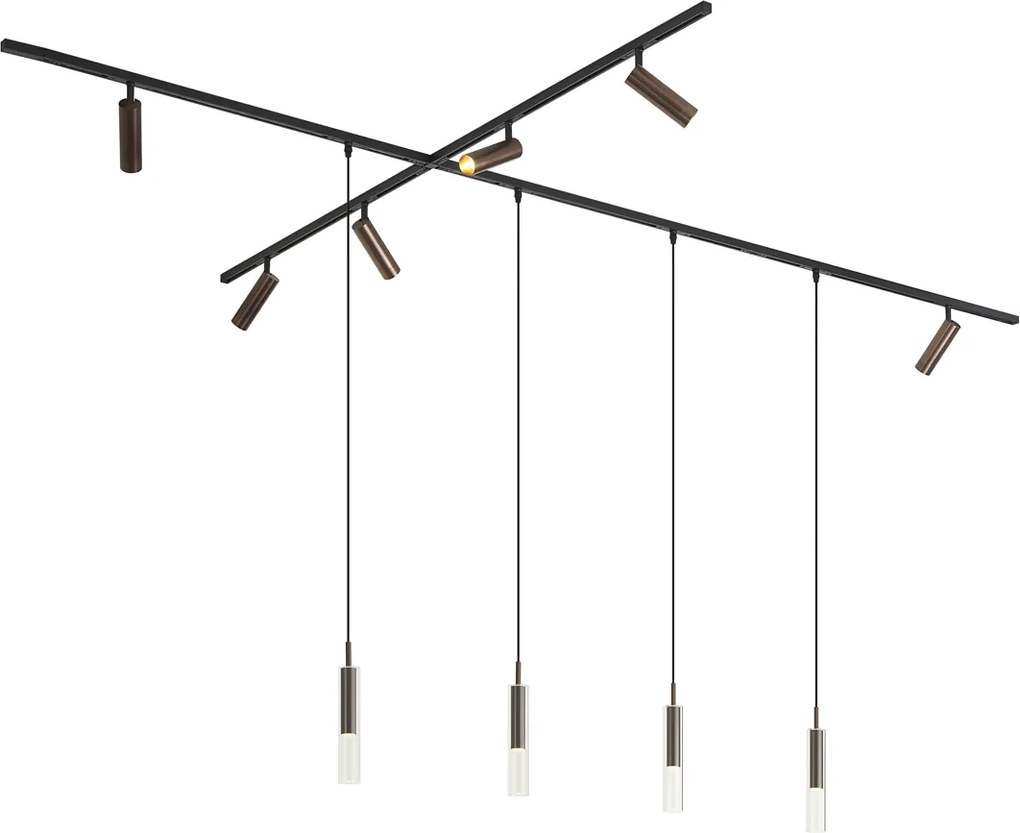 Modern railsysteem zwart met 6 spots en 4 hanglampen donker brons 1-fase - Slimline Uzzy Loyce