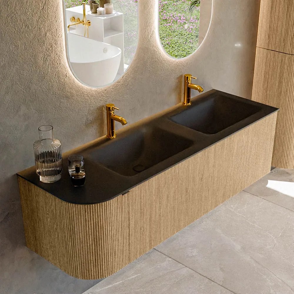 Mondiaz Kurve 145cm badmeubel ronding links oak met 1 lade en deur en wastafel cloud dubbel/rechts 2 kraangaten urban