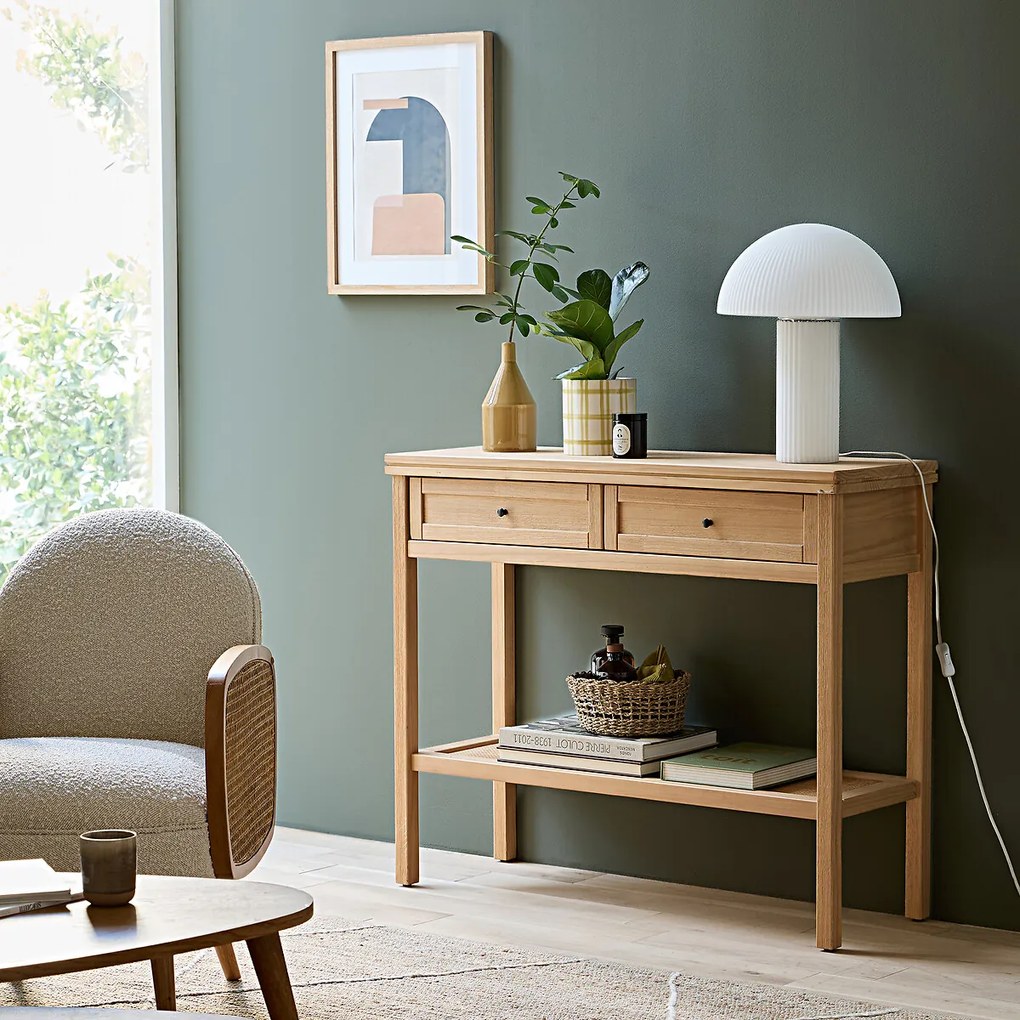 Console met dubbel plateau massief dennenhout en vlechtwerk Gabin