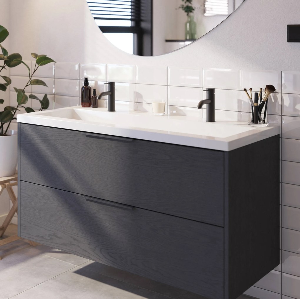 Saqu Lima badmeubel incl. glans witte wastafel met 2 kraangaten 120x52x64cm gebrand zwart – mat zwarte greep