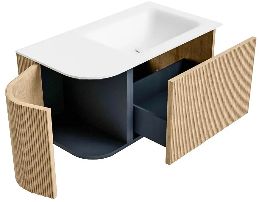 Mondiaz Kurve 85cm badmeubel ronding links oak met 1 lade en deur en wastafel cloud kraangat rechts