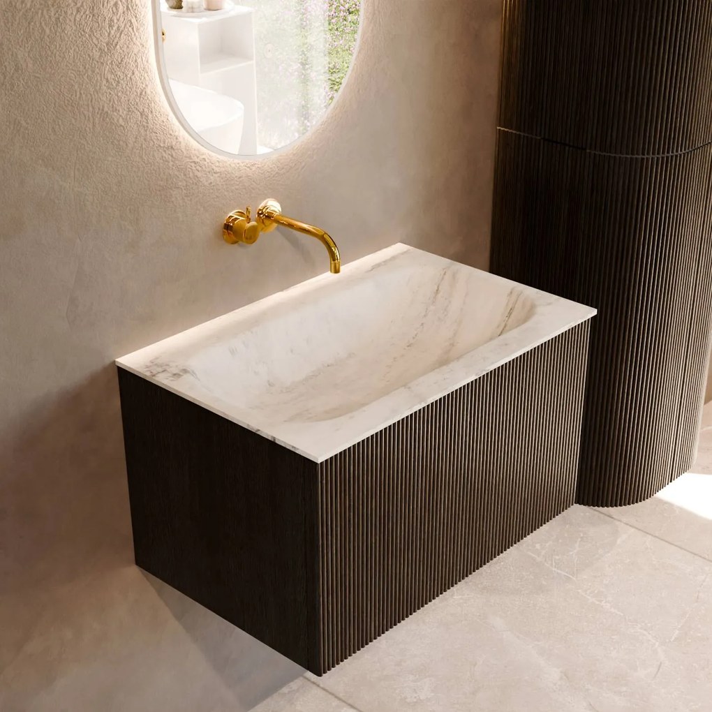 Mondiaz Kurve-dlux 70cm badmeubel shadow met 1 lade en wastafel big small midden zonder kraangat opalo
