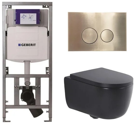 QeramiQ Dely Swirl Toiletset - 36.3x51.7cm - Geberit UP320 inbouwreservoir - met Burda frame - 35mm zitting - geborsteld messing bedieningsplaat - ronde knoppen - mat zwart 0701131/SW706200/SW1000769/SW106258