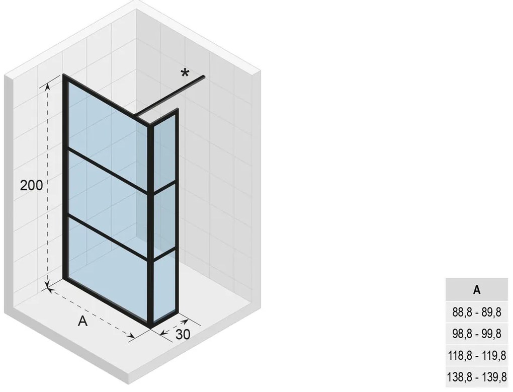 Riho Grid GB402 inloopdouche 140x200cm met 30cm zijwand zwarte profielen 6mm