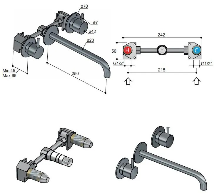 Hotbath Cobber inbouw wastafelkraan 25cm verouderd messing