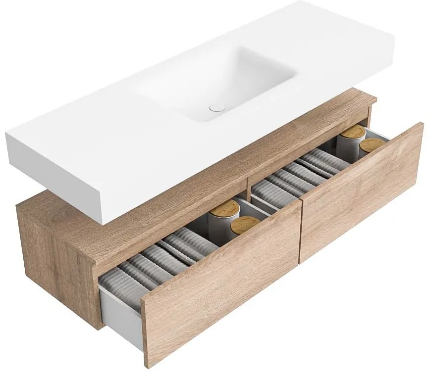 Zaro Alan badmeubel 140cm washed oak 2 lades met vrijhangende wastafel cloud midden zonder kraangat talc