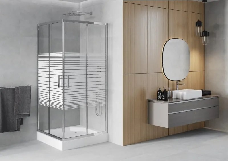 Mexen Rio vierkante douchecabine 90 x 90 cm, witte strepen, chroom + douchebak, wit - 860-090-090-01-20-4510