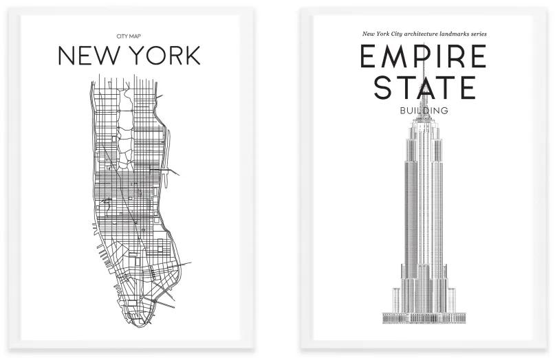 Location & Landmark New York Map, A3, ingelijste print, zwart en wit