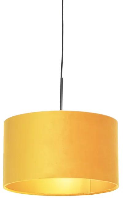 Stoffen Hanglamp met velours kap oker met goud 35 cm - Combi Landelijk / Rustiek, Klassiek / Antiek E27 cilinder / rond rond Binnenverlichting Lamp