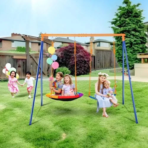VEVOR Tuinschommelsets, draagvermogen 200 kg, met 1 plaatschommelzitje, 1 riemschommelzitje, stevige metalen A-frame schommelstandaard en verstelbaar touw, buitenschommelset voor kinderen